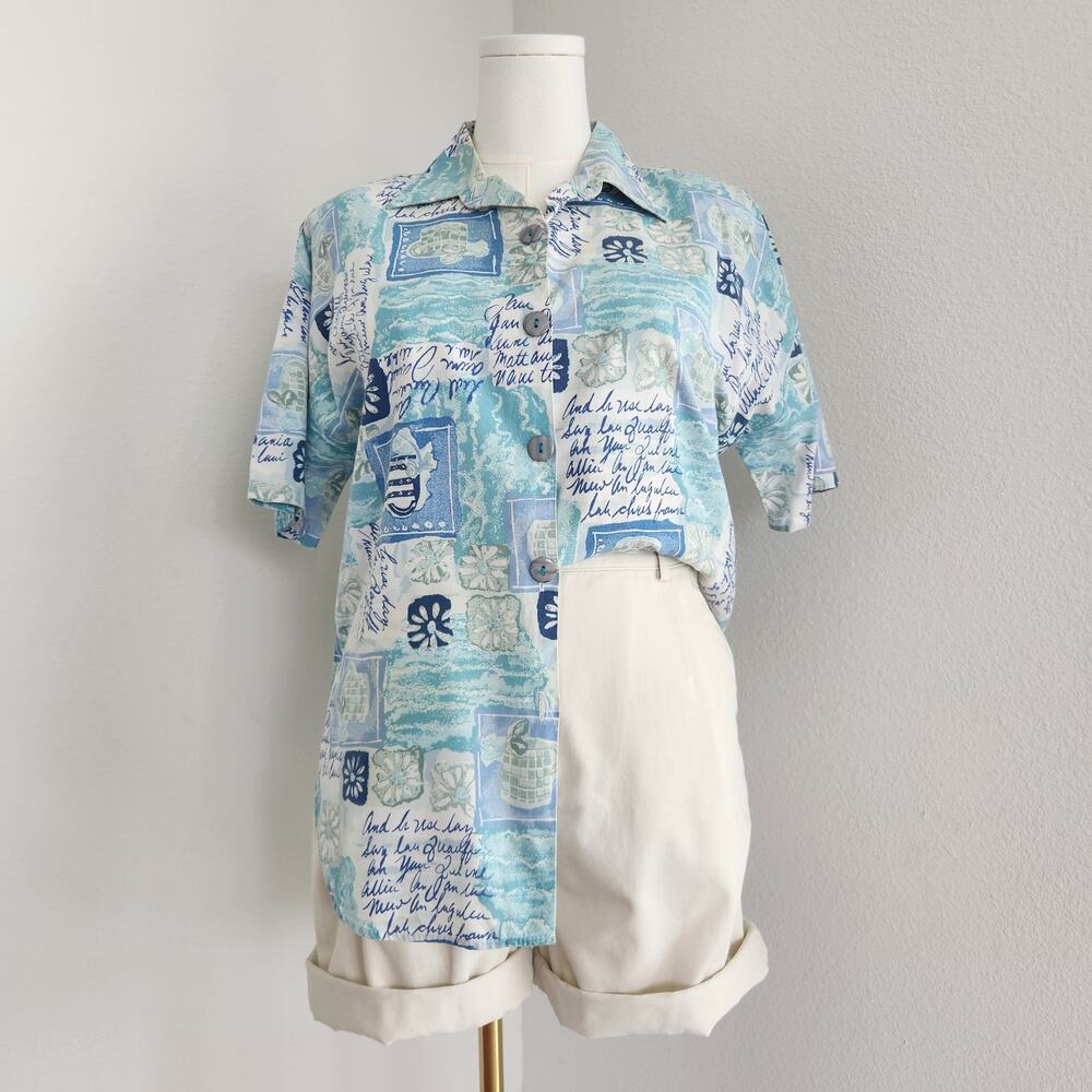 Vintage 90s Blue Coastal Ocean Short Sleeve Button Down Shirt Separate Issue M L